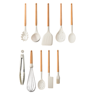 10-Piece Silicone & Beechwood Kitchen Utensil Set – Milky White Non-Stick Cooking Tools with Nylon Core